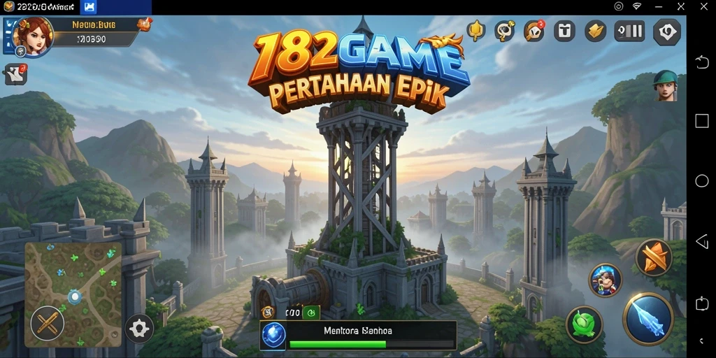 Tampilan menara dan pertempuran dalam gameplay Tower Defense.