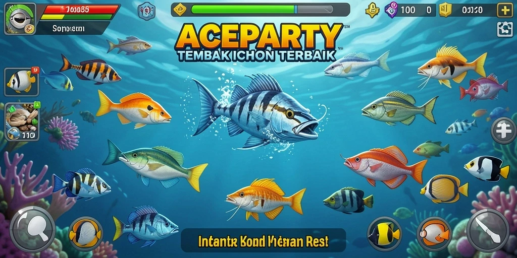 Tampilan gameplay ACEPARTY dengan ikan yang berwarna-warni dan menantang.