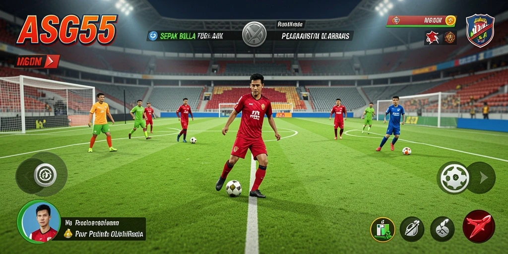 Tampilan utama gameplay ASG55 dengan aksi sepak bola yang mendebarkan.