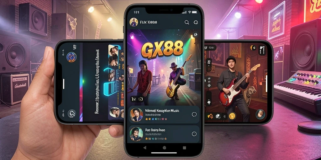 Tampilan grafik dari gameplay <strong>GX88</strong> yang menunjukkan berbagai opsi musik.