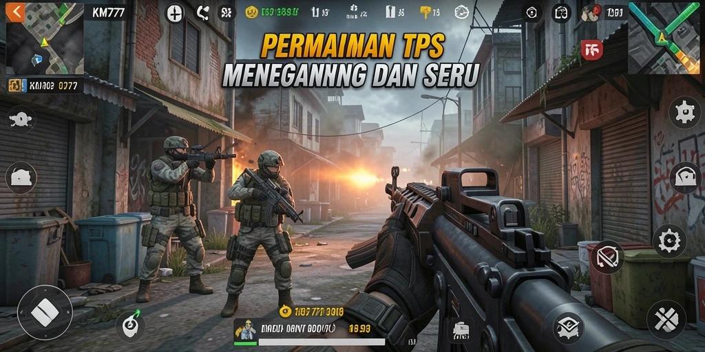 Tangkapan layar utama KM777 dengan aksi gameplay TPS yang intens.