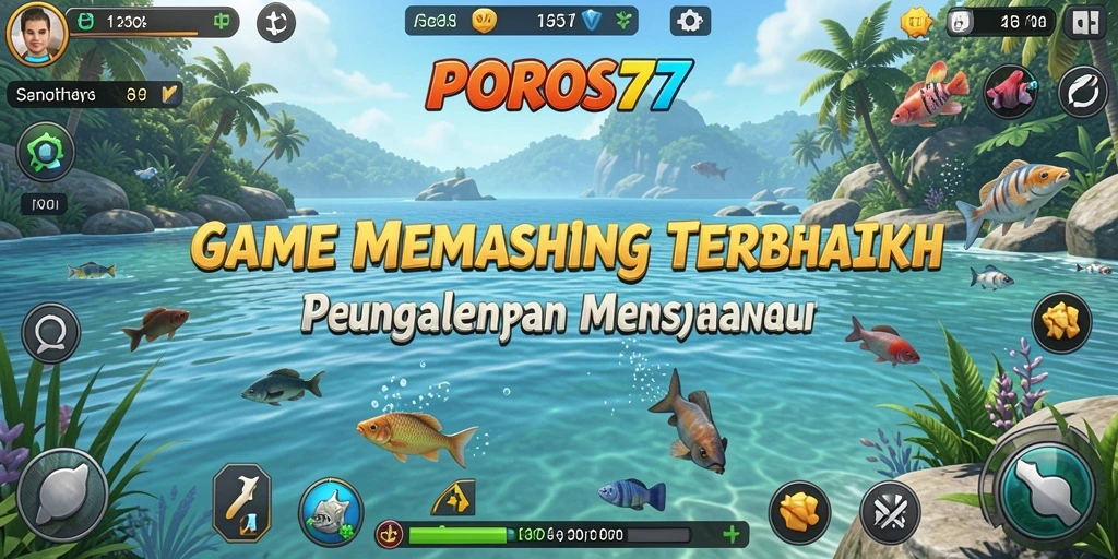 Screenshot gameplay POROS77 dengan berbagai jenis ikan yang menunggu untuk ditangkap.