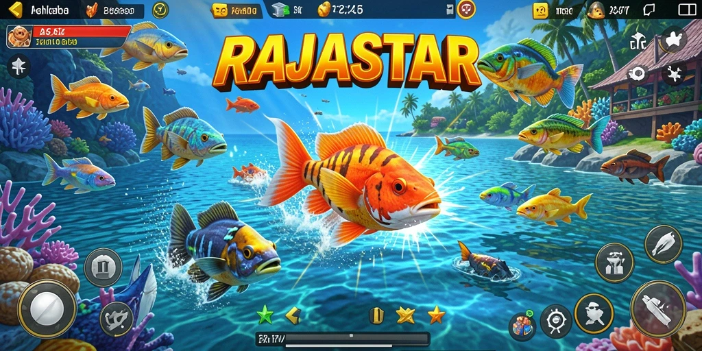 Gameplay seru dalam RAJASTAR dengan banyak ikan untuk ditembak.