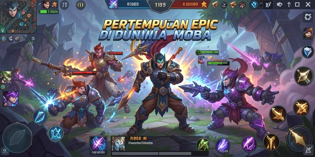 Screenshot gameplay RI889 yang menunjukkan aksi pertempuran menarik di arena MOBA.