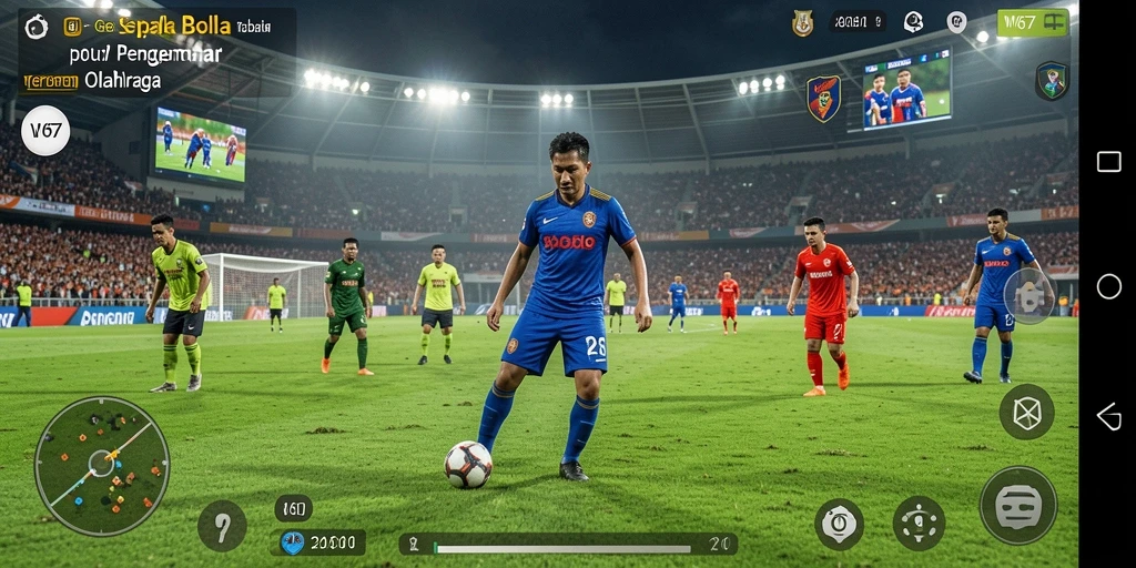 Screenshot dari gameplay W67 yang menampilkan pertandingan sepak bola yang intens.
