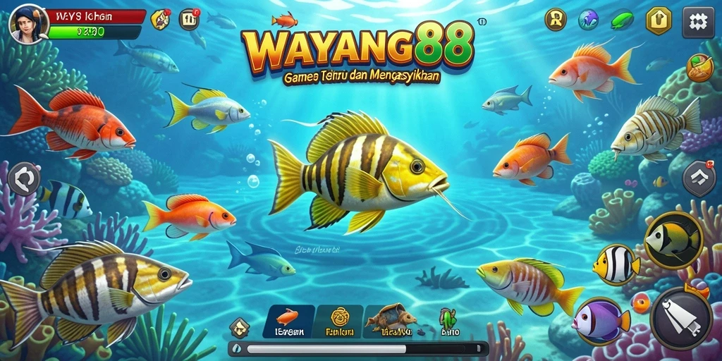 Tampilan permainan <strong>WAYANG88</strong> dengan berbagai jenis ikan yang berwarna-warni.